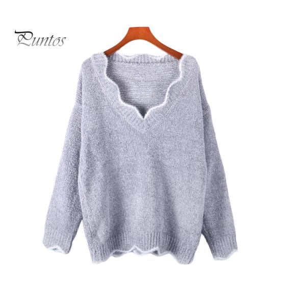 Женский свитер с длинным рукавом, свободный крой, V-образный вырез, вязаный свитер, женский повседневный джемпер, пуловер, топ для осени и зимы