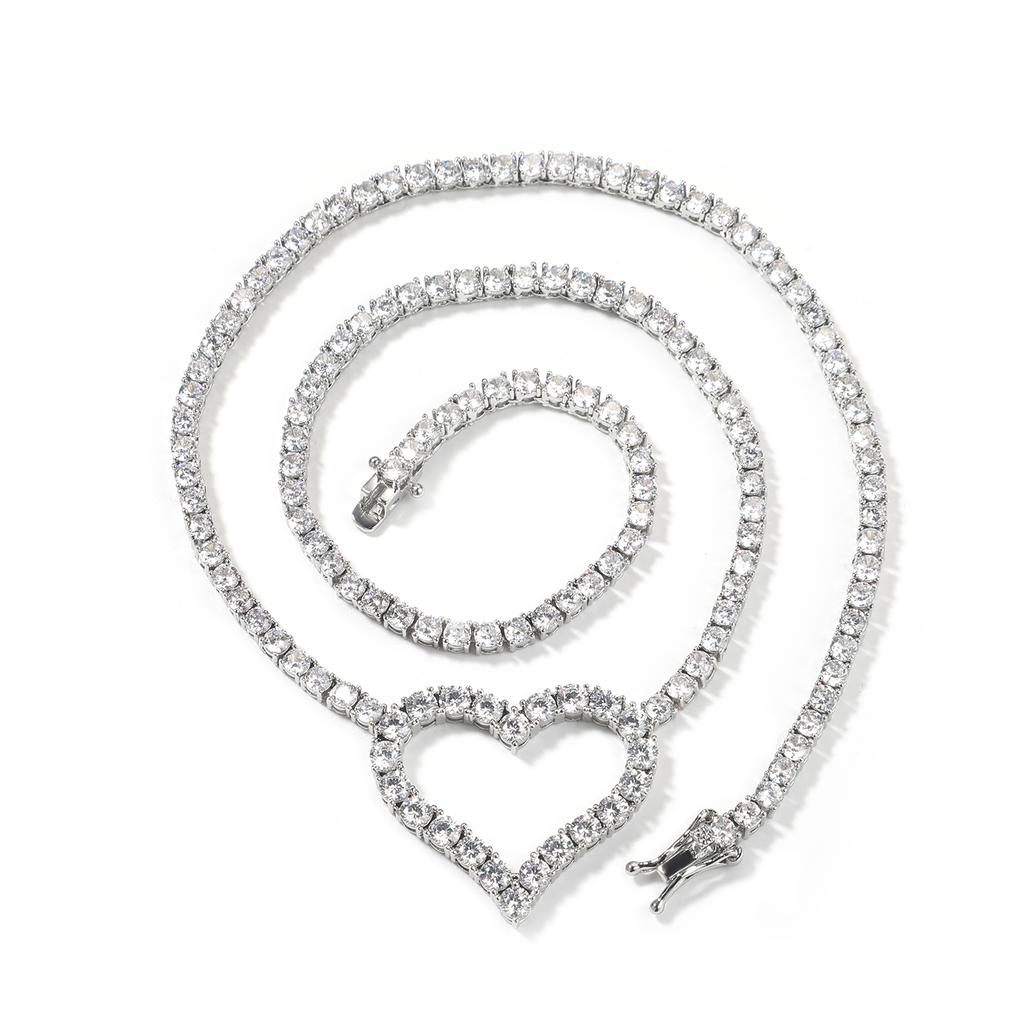 Iced Out Cz Open Heart Pendant Tennis Chain Necklace Love Charm Necklace With 3mm Tennis Chain Women Necklace