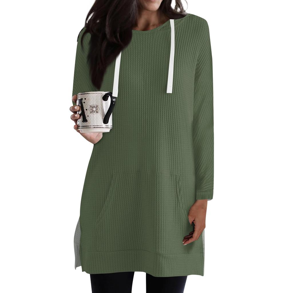 Женские однотонные свободные рубашки с длинным рукавом, толстовки с капюшоном и завязками, трикотажные туники с боковыми разрезами и карманами