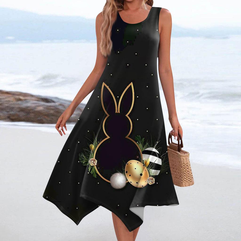 Women's Casual Fashion Round Neck Sleeveless Print Irregular Hem Midi Dress