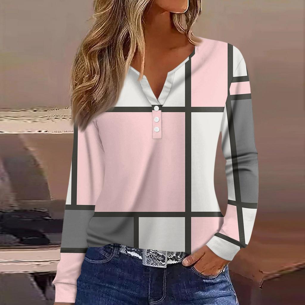 Жен. Футболка Футболка на пуговицах с длинным рукавом Повседневные Выходные Мода Классический Топ с v-образным вырезом Обычный