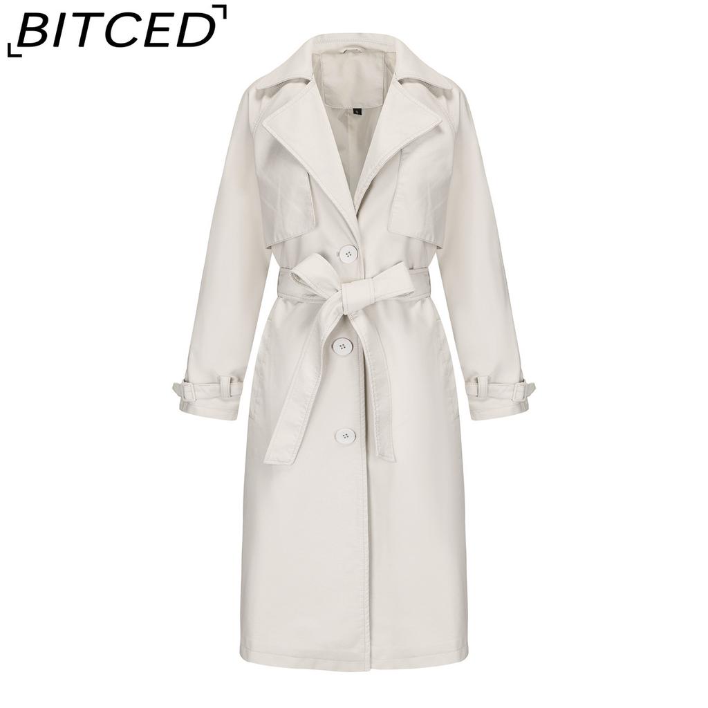 BITCED Spring/Autumn Women's Trench Coat - Long, Loose-Fit Jacket In PU Leather Classic Women's Collared Coat with Belt