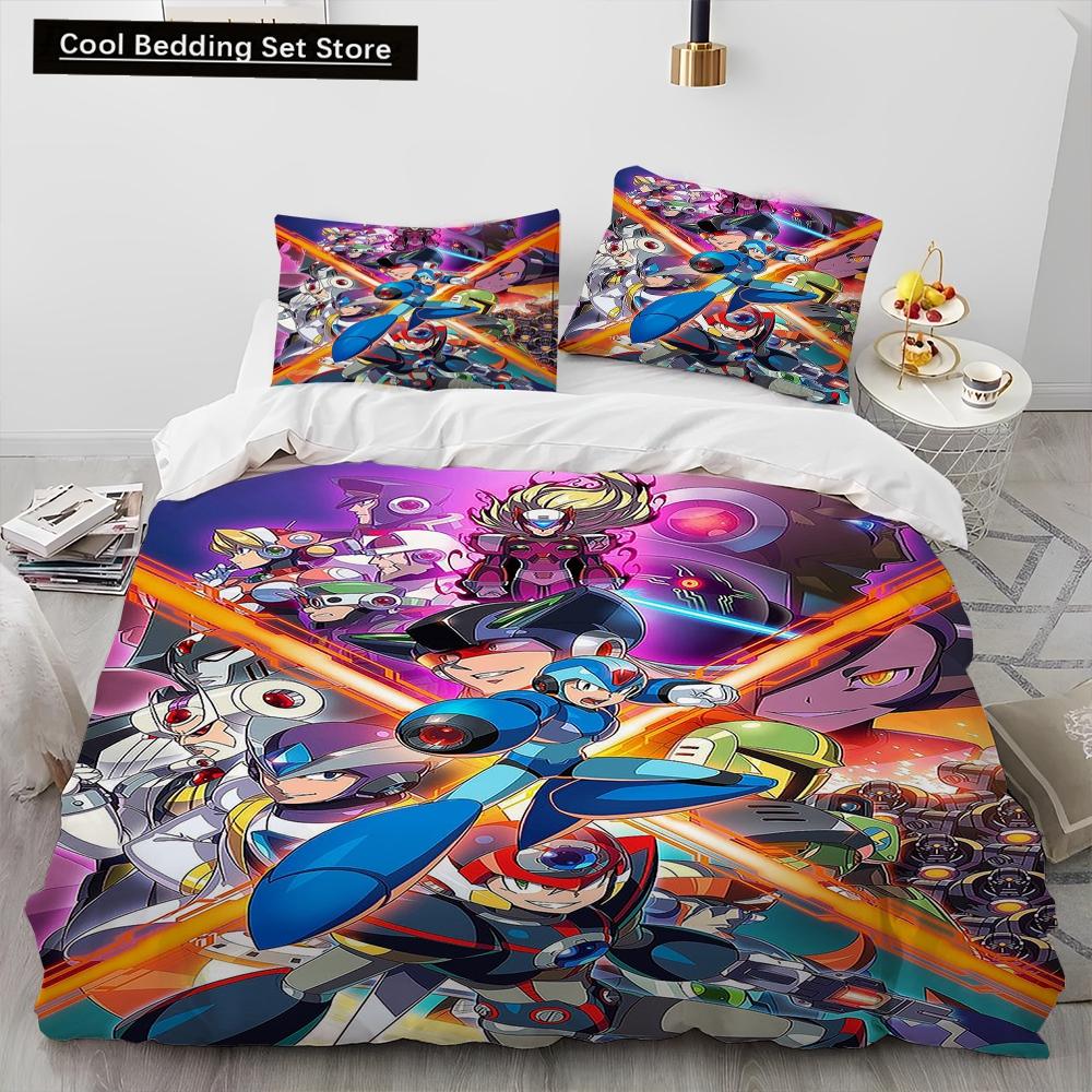 3D Рокмен Мегамен Игра Мультяшный Комплект Постельного Белья Одеяло Пододеяльник Наволочка,Королевский Размер Квинсайз Детский