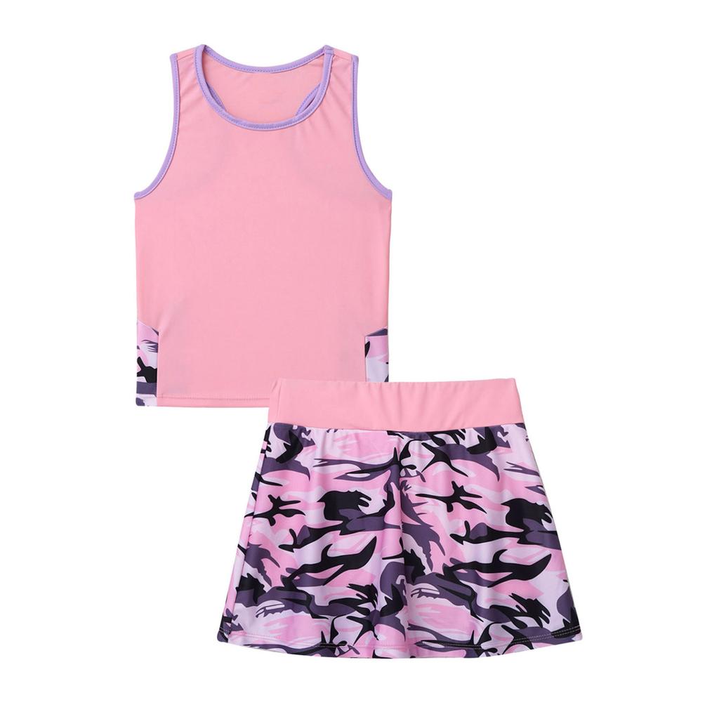 2Pcs Kids Girls Tennis Suit Sleeveless Racer Back T-shirt Top and Elastic Waist Skirt with Built-in Shorts Set for Running Gym Tennis Golf Sportswear