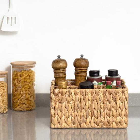 Плетеная корзина для хранения с ручкой, 4 отделения, ручная работа, натуральный органайзер для кухонной столешницы, пикника, барбекю, портативный держатель для столовых приборов и