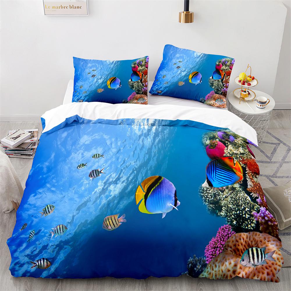 Пододеяльник Подводный мир Кинг Квин Синий Океан Акула Комплект постельного белья для детей Морское животное Коралл Рыба 2/3 предмета Полиэстер Пододеяльник