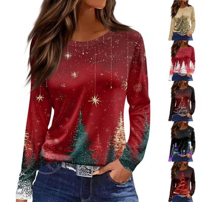 Женская модная повседневная футболка с разрезом по низу, круглым вырезом, длинными рукавами, свободного кроя, с рождественским принтом, женский топ