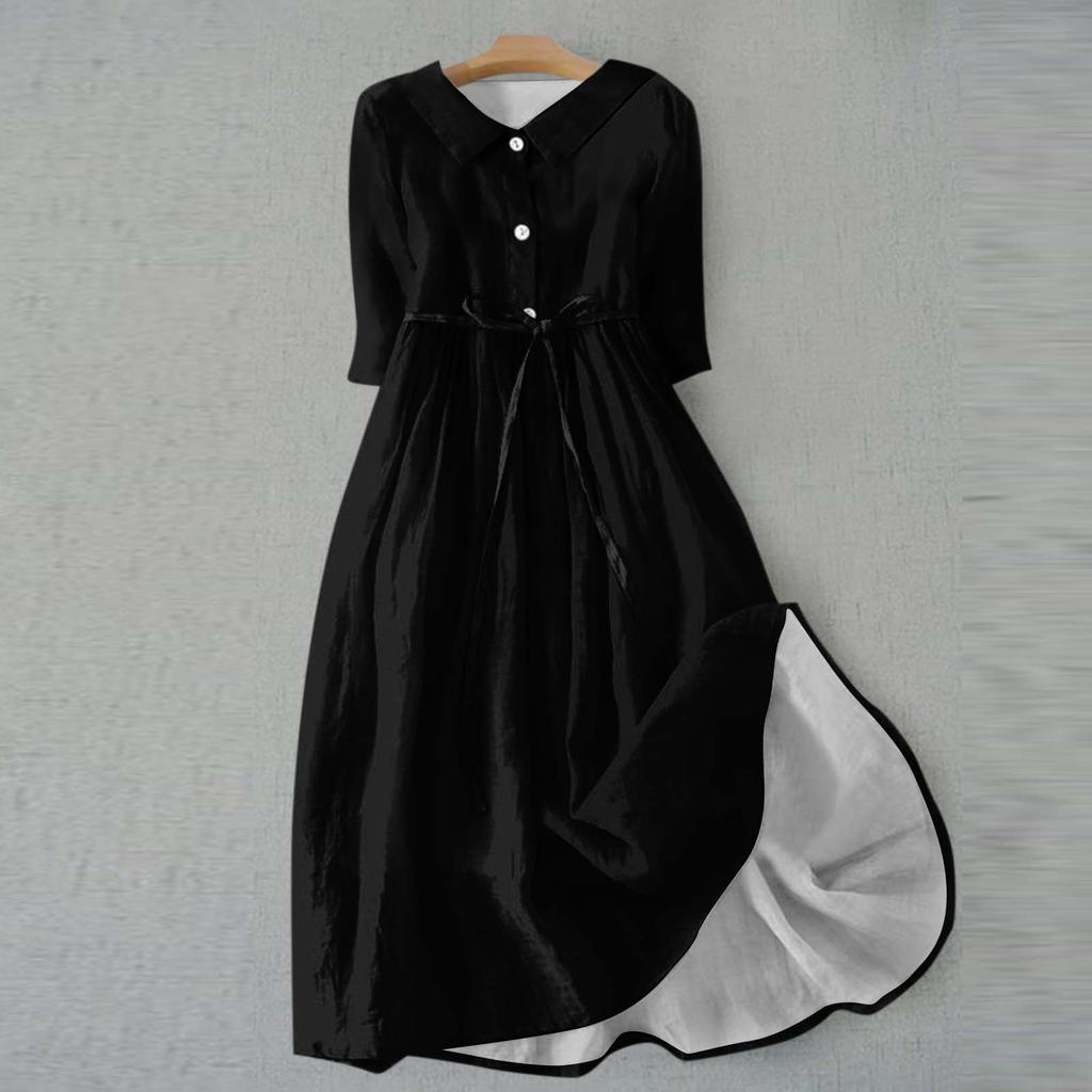 Женская мода повседневное однотонное платье с воротником с лацканами и рукавами 3/4 на бретелях