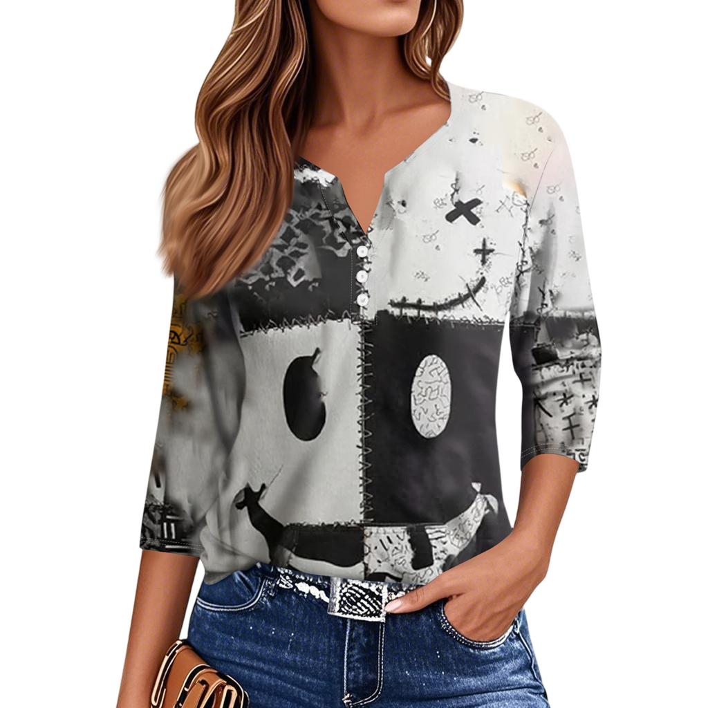 Women's Fashion Button-Up V-Neck Three-Quarter Sleeve Halloween Print Top