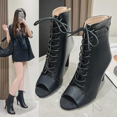 Женские босоножки на шпильках с завязками и вырезом «рыбий рот» большого размера: Весна/лето Высокий каблук полые короткие джазовые танцевальные сапоги (Размеры 35-43).