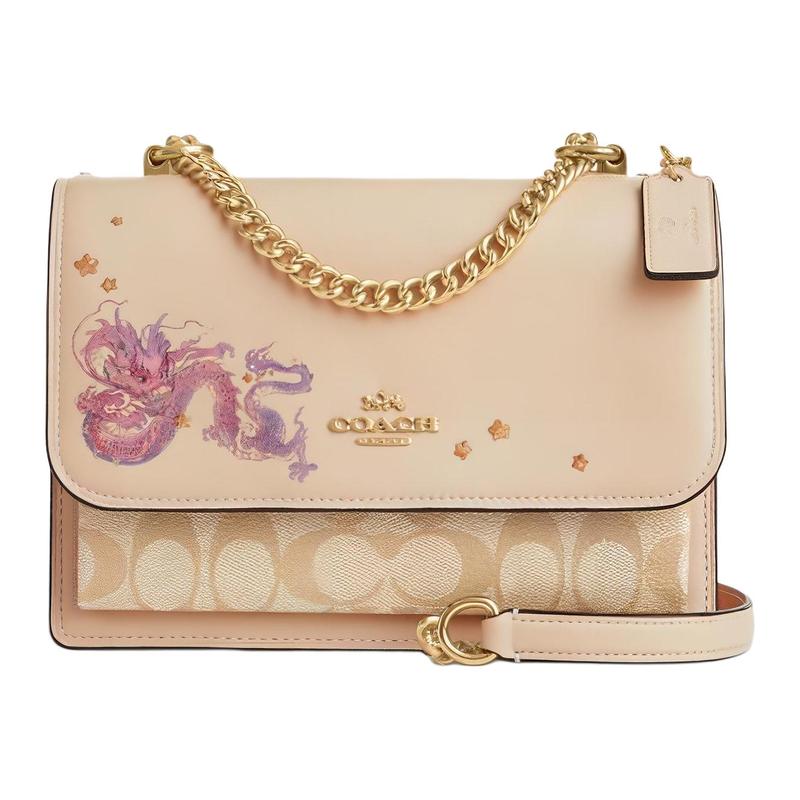 COACH Klare 21 Year of the Dragon Print Classic Presbyopic Flap PVC with Cow Leather Shoulder Crossbody Bag Small Women's Khaki