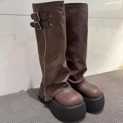 Новые женские массивные мотоциклетные ботинки из мягкой кожи до щиколотки и середины икры, осенние ботинки на высокой платформе и танкетке в британском стиле, ботильоны для женщин