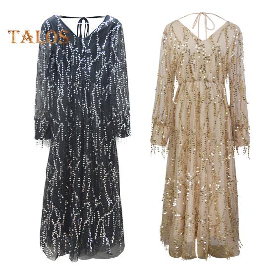 Женское вечернее платье с пайетками, кисточками, V-образным вырезом, длинными рукавами, А-силуэтом, плиссированным двухслойным платьем с тонкой талией и регулируемыми бретелями для свадебного коктейля