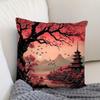 1pc, Vintage Japanese Landscape Cushion Cover Featuring Cherry Blossoms And Pagoda Design. Made from Soft And Smooth Polyester Short Plush Fabric, Sin