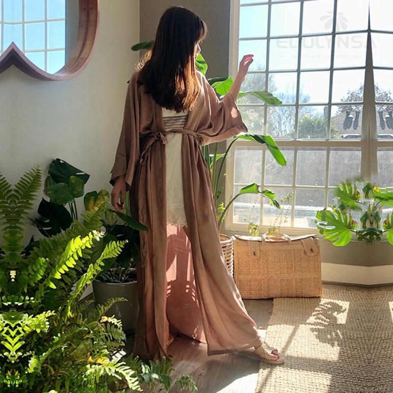 Sexy Short Sleeve Front Open Self Belted Long Kimono Dress Summer Clothes For Women Beach Wear Bathing Suit Cover Up Q1357