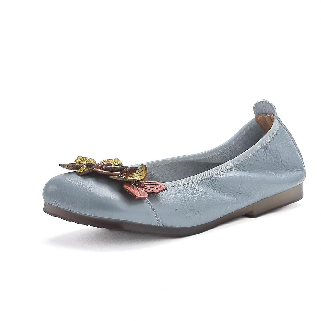 Весенние туфли с неглубоким носком в этническом стиле в стиле ретро из кожи для мам, плоская подошва, удобные цветочные одинарные туфли, мягкая подошва, женская обувь, которая не спадает