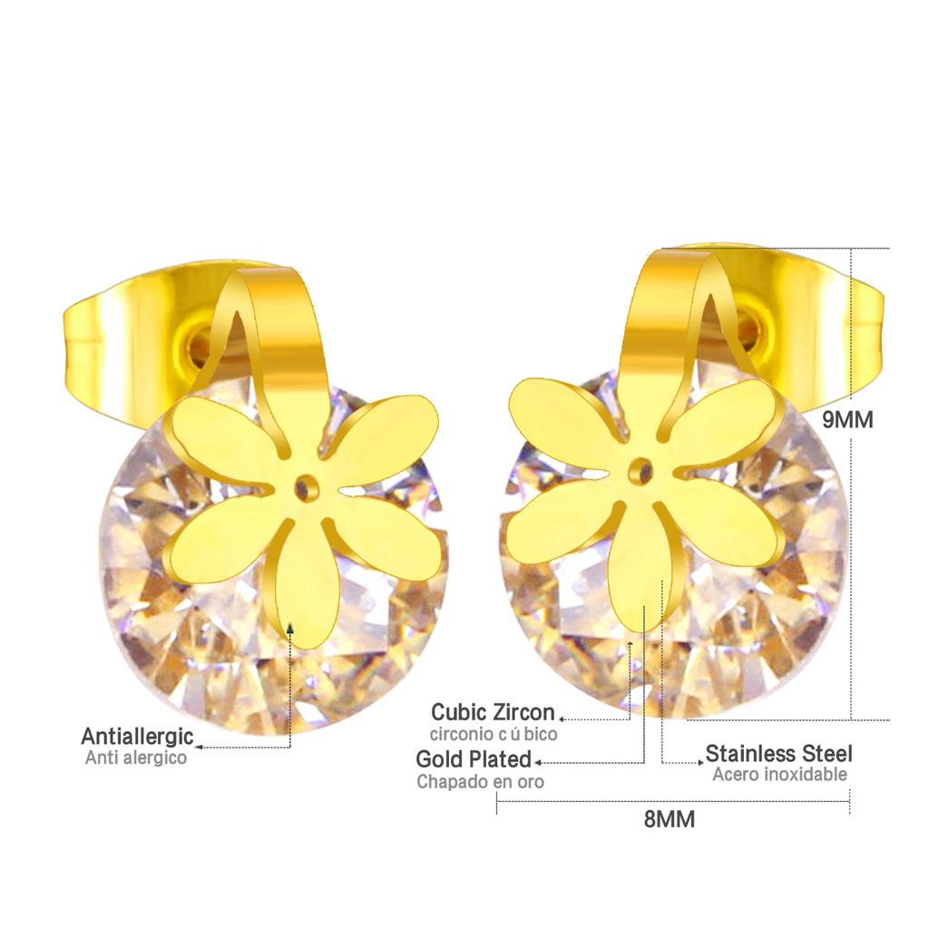 Shiny Crystal Zirconia Stud Earrings Titanium Steel Gold PVD Plated Flower Charm Ears Piercing for Woman Dancing Party Accessory