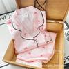 Autumn new small flower bow buckle ice silk pajamas women's, pink cute French women's loungewear set