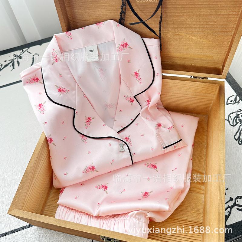 Autumn new small flower bow buckle ice silk pajamas women's, pink cute French women's loungewear set