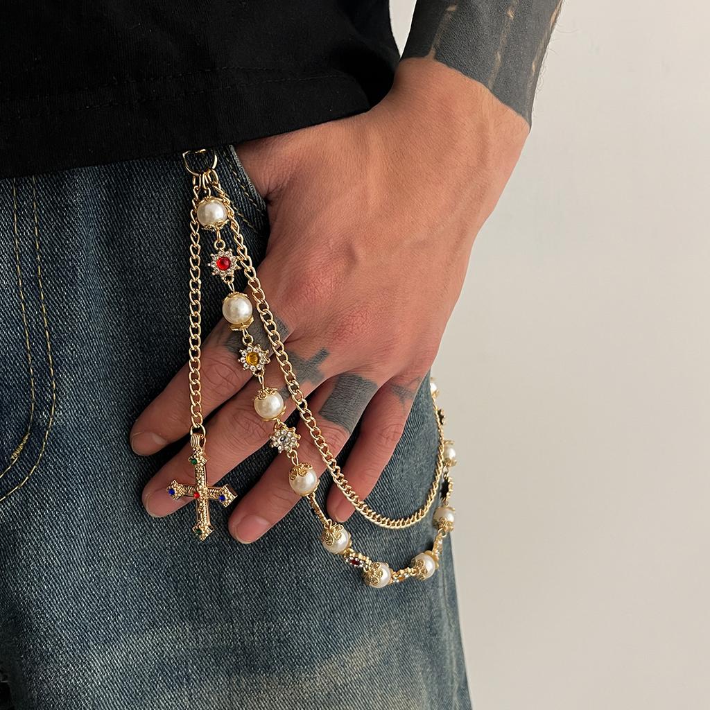 Design Imitation Pearl Flower Chain Trouser Chain, Hip-Hop Color Diamond-Encrusted Cross Waist Chain Pendant