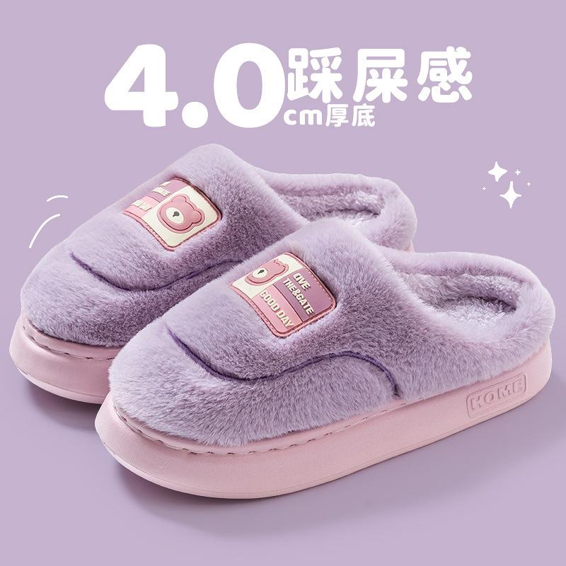 Lightweight Embroidered Cotton Slippers Autumn and Winter Indoor Home Warm Piled Couple Hair Slippers