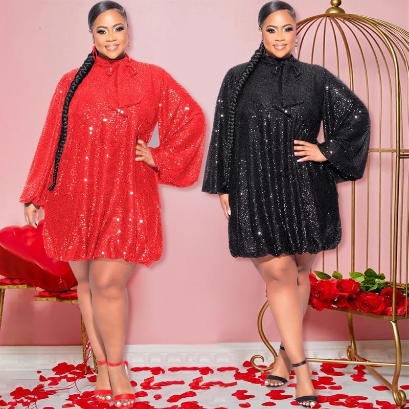 Women's Loose Sequin Long Sleeve Dress Short Dress Party