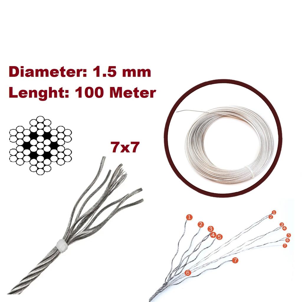 EWR5472 Диаметр прочного оцинкованного стального троса: Длина 1,5 мм : 100-метровые нити 7x7 для ремонта регулятора стеклоподъемника автомобиля