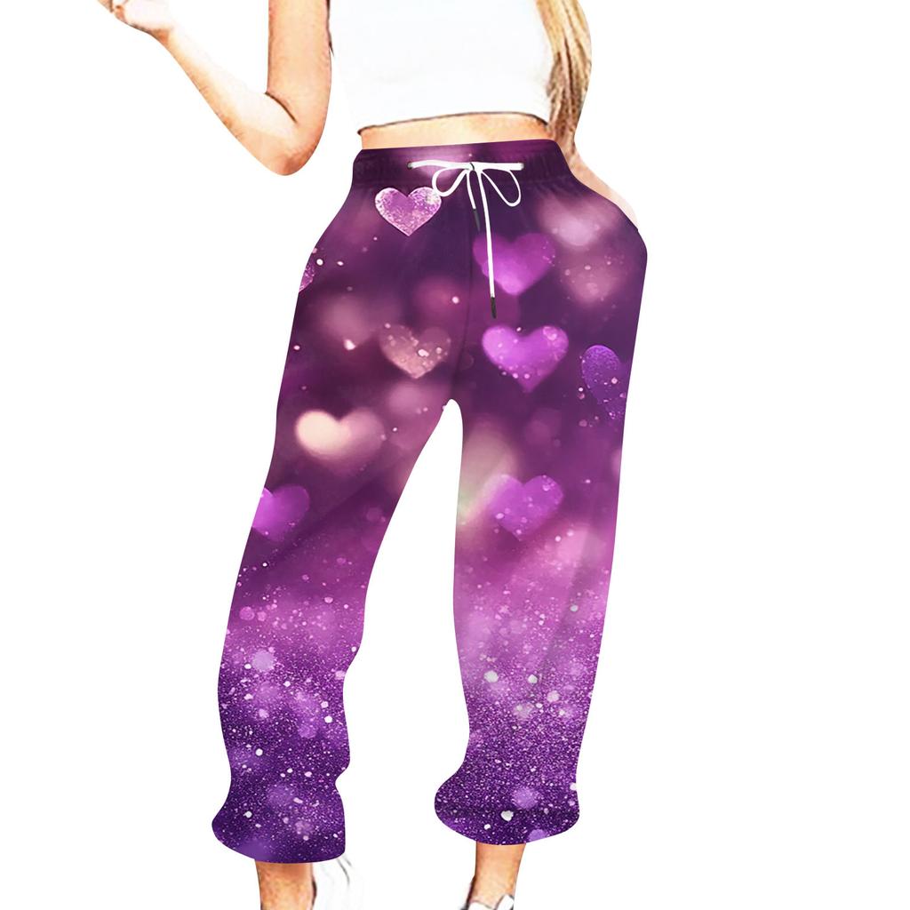 Женская повседневная мода День святого Валентина Повседневные брюки с принтом Спортивные брюки Брюки с эластичной резинкой на талии со шнурком Брюки со шнурком