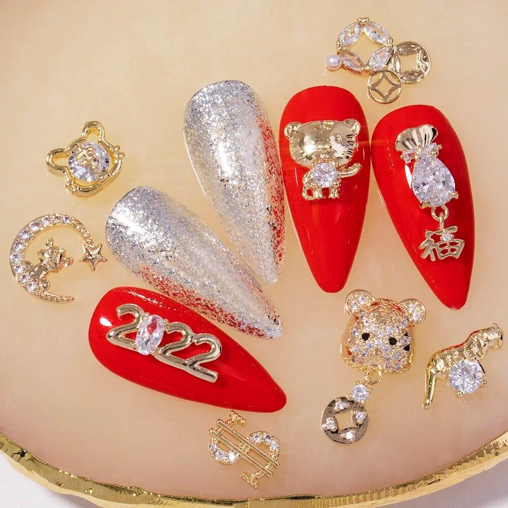 Chinese New Year 3D Nail Art Accessories Jewelry Decorations DIY Tiger Lucky Money Bag Crystal Red Gemstone Rhinestone Beads