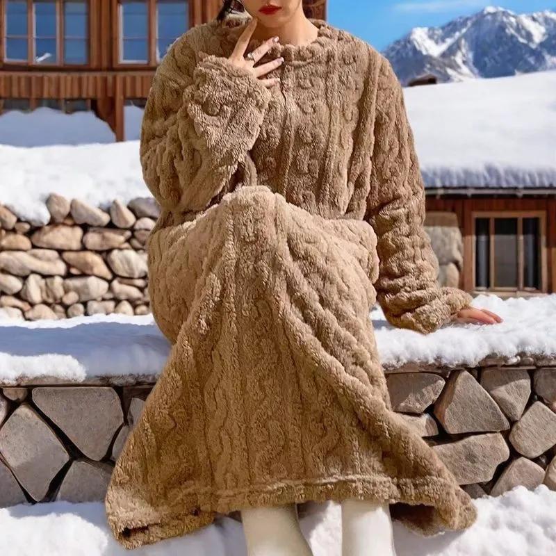 Жіночі Осінньо-Зимові Нічні Сорочки з Фланелі з Довгим Рукавом та Подвійними Кишенями, Вільний Однотонний Одяг для Сну, Жакардова Нічна Сукня, Потовщена Тепла Нічна Сорочка