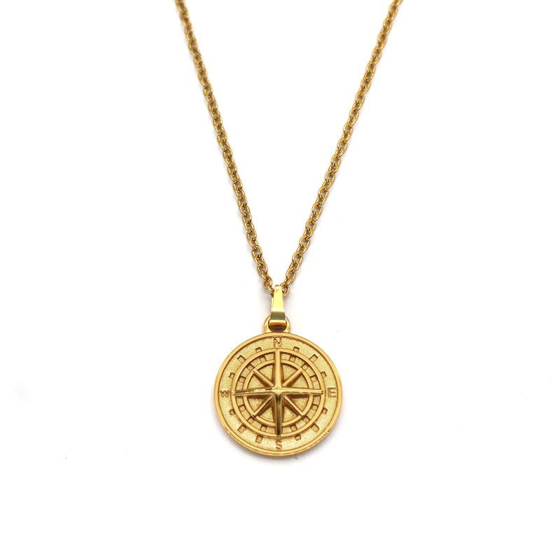 Men's Hip Hop Stainless Steel Compass Pendant Necklace New 18K Gold Coin with Diamond Hiphop Fashion Chain Charm Jewelry