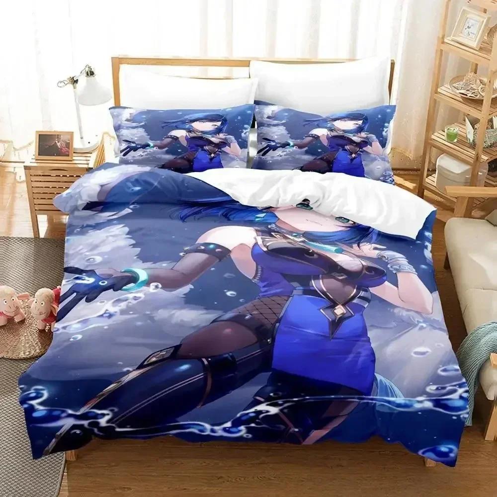 New Anime Game Yelan Genshin Impact Bedding Set Cartoon Anime Three-piece Set Adult Kid Bedroom Duvet Cover Sets 3D Kawaii Girls