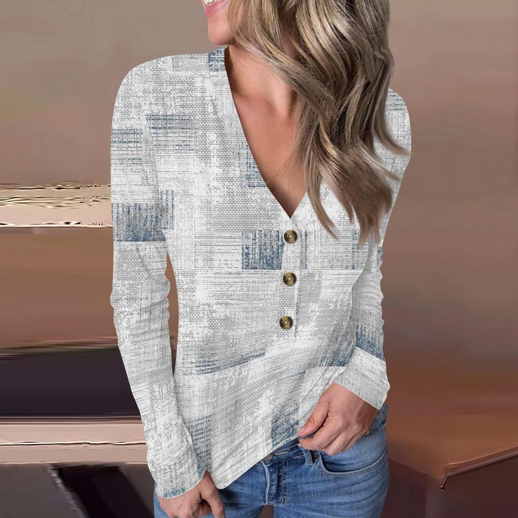 Women's Casual V-Neck Pullover Geometric Printing Button Top