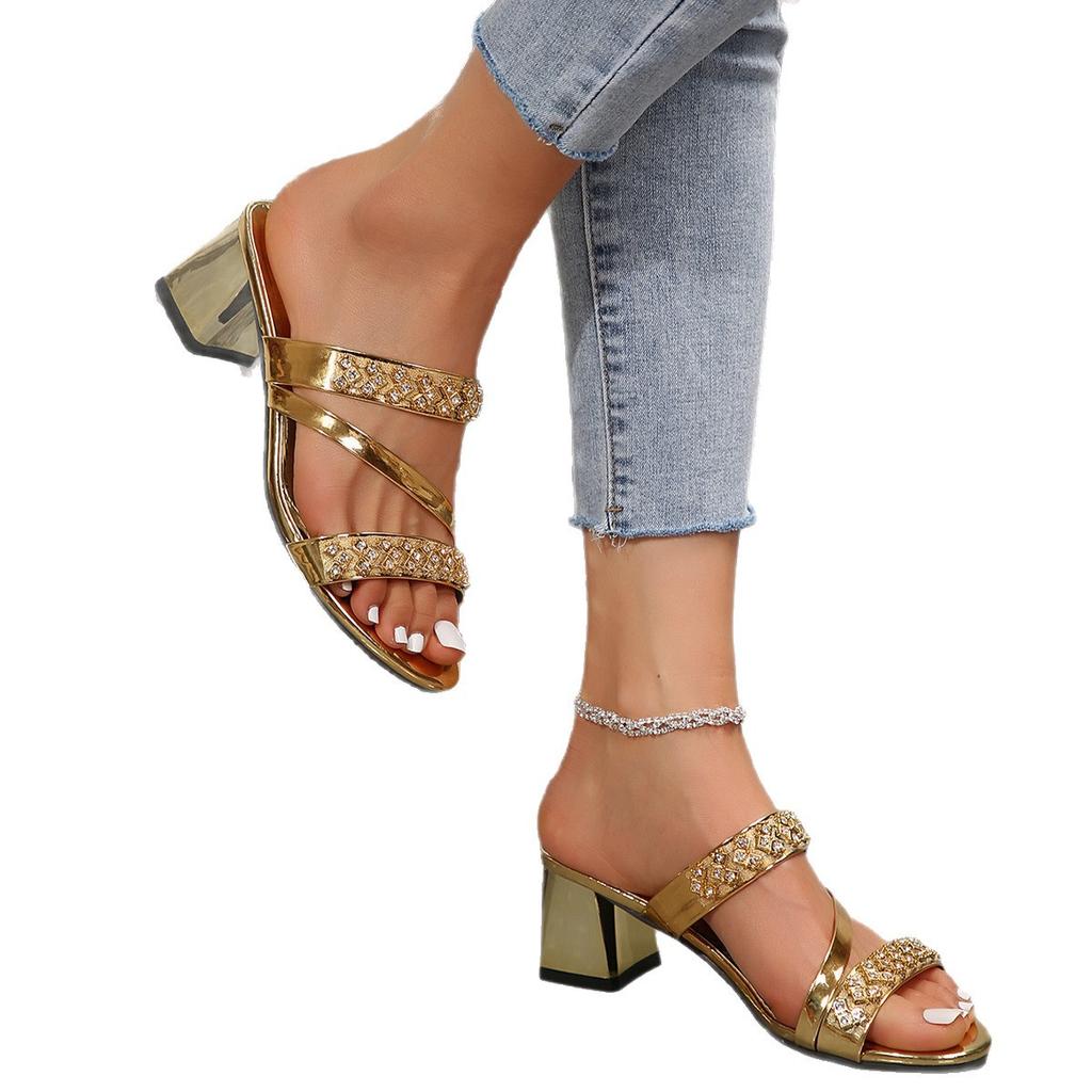 Women's Shoes Summer New High-heeled Cool Slippers Rhinestone Word Slippers High-heeled Sandals