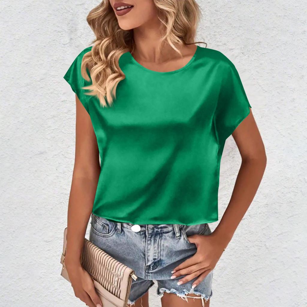 Женские повседневные топы без рукавов, однотонные атласные универсальные рубашки с круглым вырезом, топы