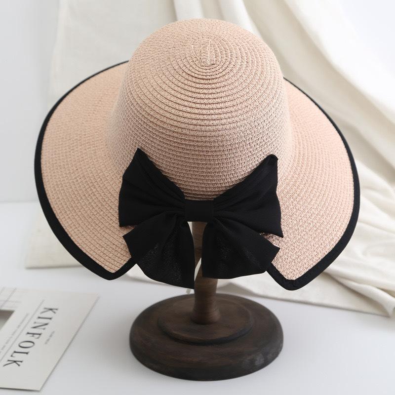 Korean Version Summer Sunscreen Floppy Raffia Straw Hat with Large Bow and Open Ponytail Foldable Casual Character Style Unisex