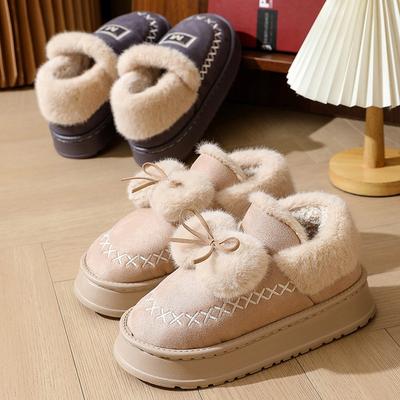 Тапочки зимние уличные сумка каблук толстая подошва домашние бант, хлопковые туфли зимние бархатные теплые низкие хлопковые тапочки женские