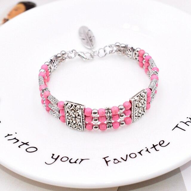 Bohemian Vintage Natural Stone Turquoises Feather Charm Bracelet For Women National Handmade Round Beads Carved Boho Bracelet