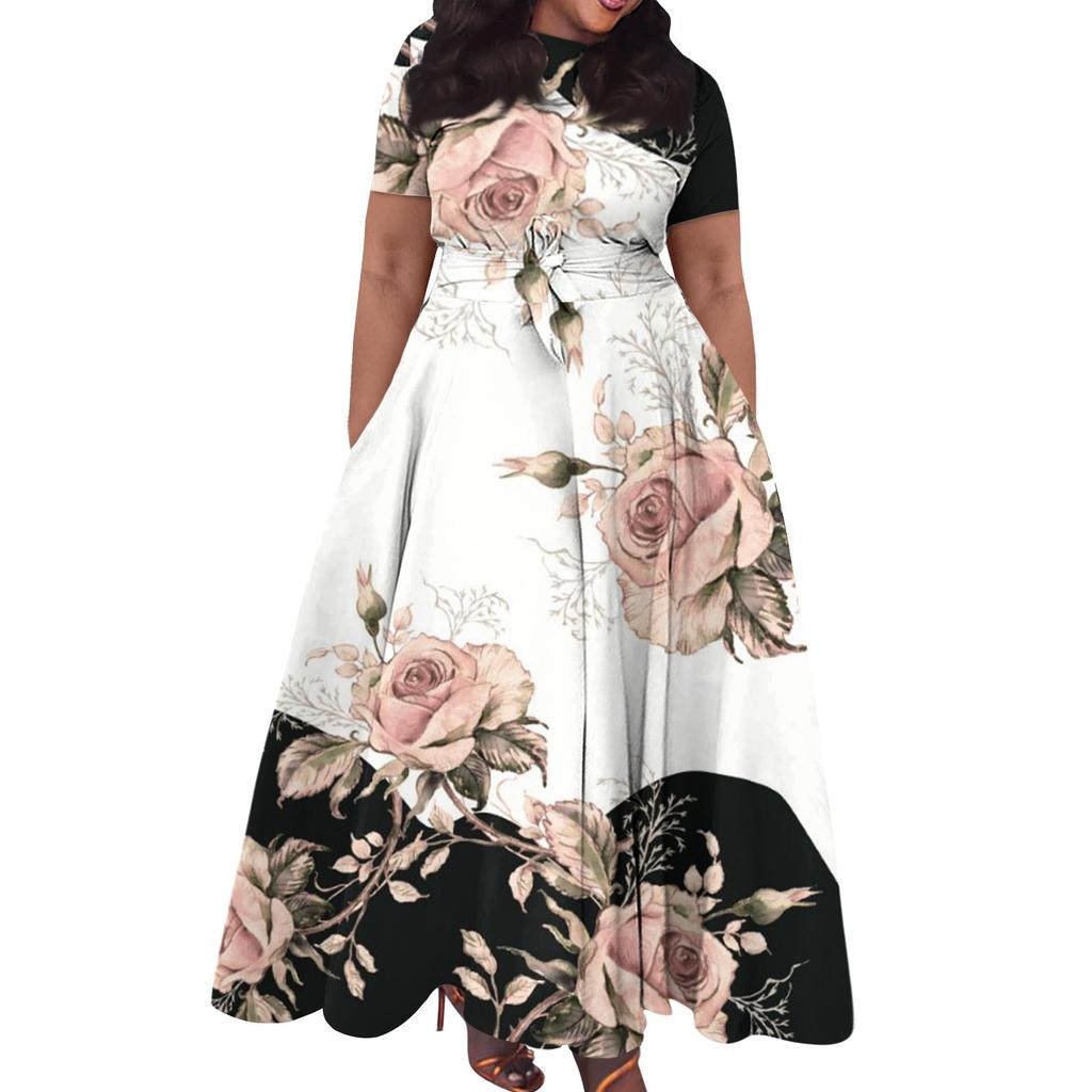 Женское повседневное модное свободное платье большого размера с принтом, круглым вырезом и короткими рукавами, карманными бретелями