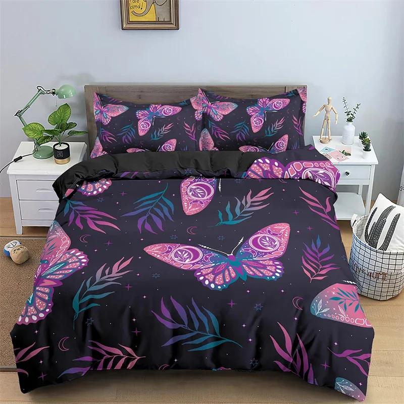 Butterfly Bedding Set Full King Size Hippie Boho Moth Duvet Cover Microfiber Animal Botanical Psychedelic Starry Sky Quilt Cover