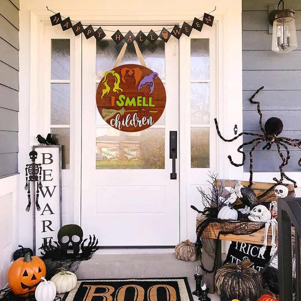 Halloween Witch Film Door Sign Front Door Wooden Hanging Sign for Halloween Home Outdoor Wall Decor