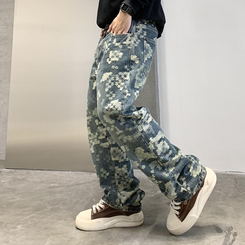 Men's Retro Jacquard Loose Straight-Leg Jeans - Trendy American High Street Style Casual Pants