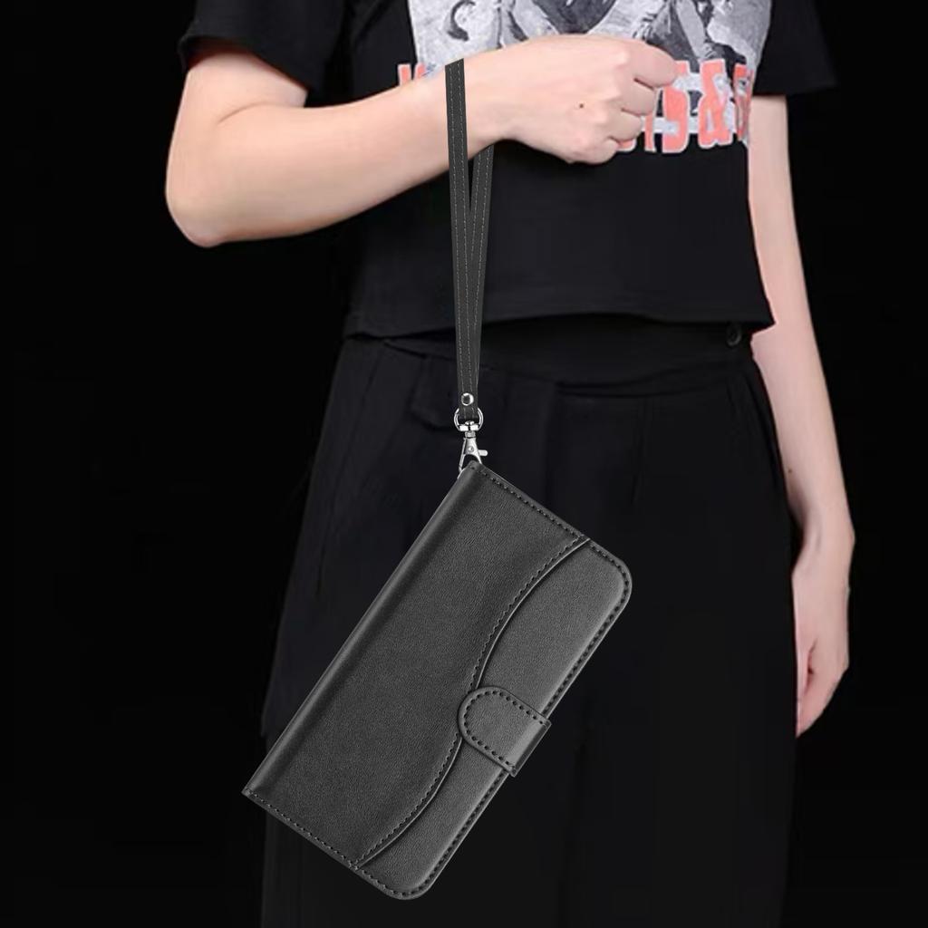 For Samsung Galaxy S24 Ultra Stand Case with Strap PU Leather Wallet Phone Cover S Shape Stitching Design