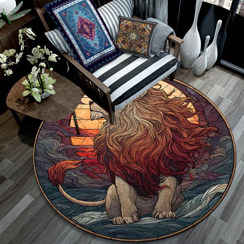 Lion Artwork Round Area Rug,Carpet Rug for Living Room Bedroom Sofa Playroom Decor,Non-slip Floor Mat