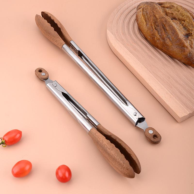 Cooking Tongs, Walnut Wood Tongs, Cooking Tongs, Stainless Steel Non-Slip Walnut Salad Tongs, Wooden Tongs Cookware