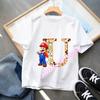 2026 Super Mario Boys and Girls Cartoon letter AZ Printed Birthday Clothing Childrens Fashion Short Sleeve Role Playing Top