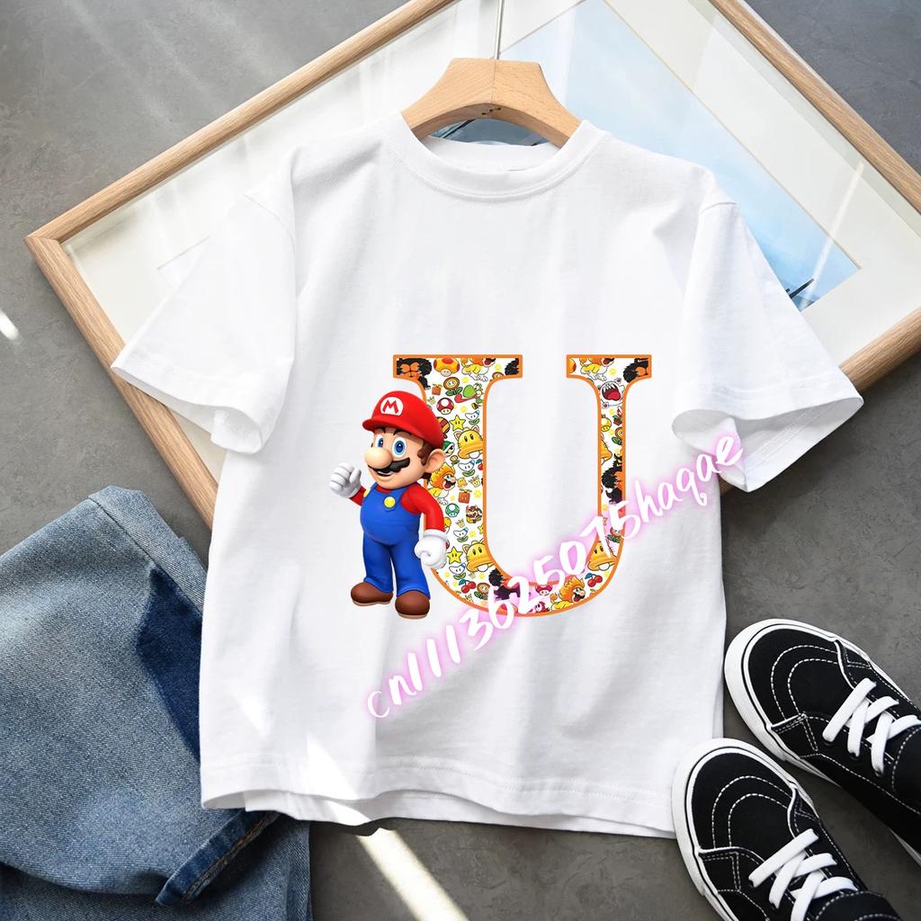 2026 Super Mario Boys and Girls Cartoon letter AZ Printed Birthday Clothing Childrens Fashion Short Sleeve Role Playing Top