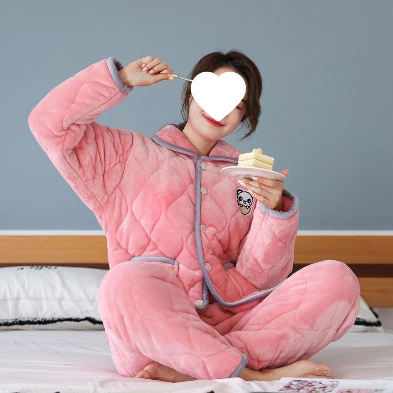 Пижама женская трехслойная утолщенная и милая зимняя можно носить больших размеров теплая стеганая домашняя одежда