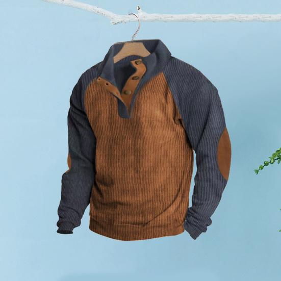 Весна Осень Мужская Толстовка Цветные Блоки Пэчворк Ретро Стиль Полуоткрытый Воротник-стойка Топ Плюс Размер Свободный