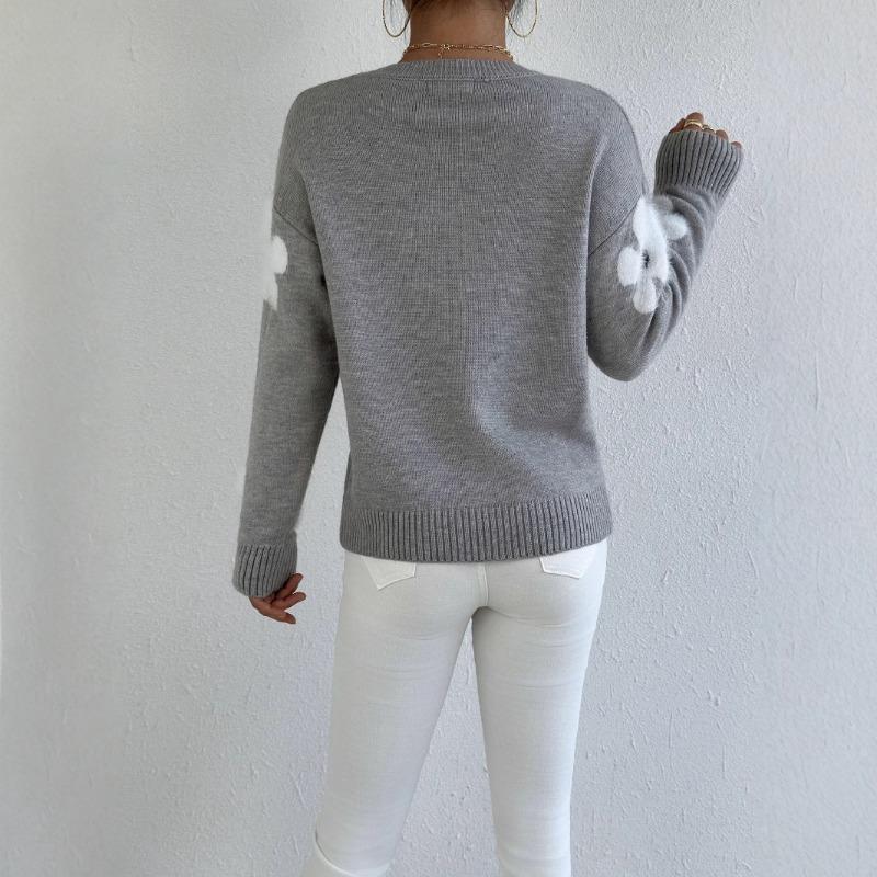 Женская мода повседневная осень-зима цветочный узор с длинным рукавом и круглым вырезом свитера